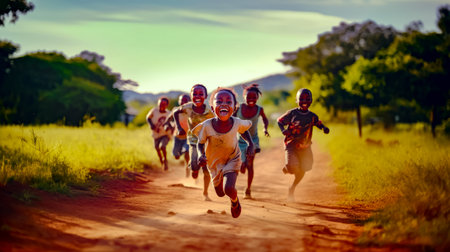 Group of children running down dirt road in field of grass. Generative AI.の素材