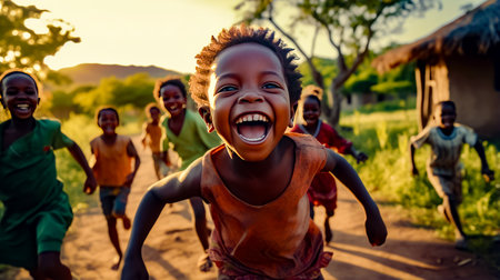 Group of young children running down dirt road with their mouths open. Generative AI.の素材