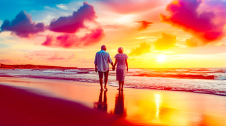 Man and woman holding hands walking on the beach with the sun setting in the background. Generative AI.の素材