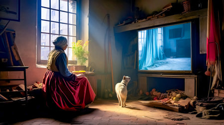 Woman sitting in front of TV watching cat on the floor. Generative AI.の素材