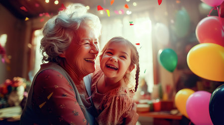 Older woman and young girl smile at each other as confetti flies around them. Generative AI.の素材