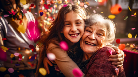 Older woman hugging young girl with confetti in the background. Generative AI.の素材