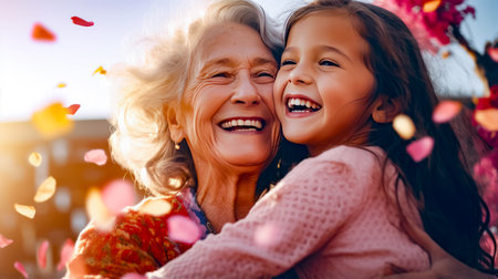 Older woman hugging young girl in front of flowery background. Generative AI.の素材