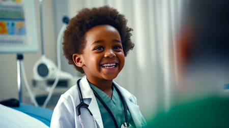 Young boy with stethoscope smiles at the camera while wearing white lab coat. Generative AI.の素材