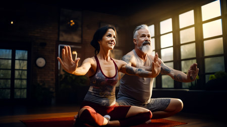 Man and woman doing yoga in room with large window. Generative AI.の素材