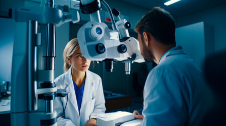 Woman in white lab coat looking at man in white lab coat. Generative AI.の素材