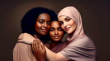 Three beautiful women hugging each other with their arms around each other, with one woman wearing headscarf. Generative AI.の素材