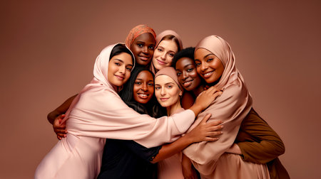 Group of women in headscarves posing for picture with their arms around each other. Generative AI.の素材