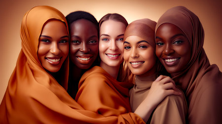 Group of women standing next to each other in front of wall. Generative AI.の素材