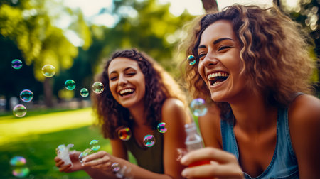 Two young women are blowing bubbles in the air while sitting on the grass. Generative AI.の素材