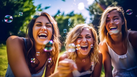 Group of young women blowing bubbles in the air with their mouths open. Generative AI.の素材