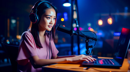Woman sitting in front of microphone with headphones on and laptop in front of her. Generative AI.の素材