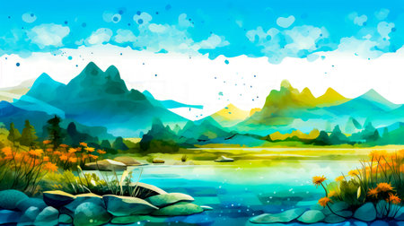 Painting of lake with mountains in the background and flowers in the foreground. Generative AI.の素材