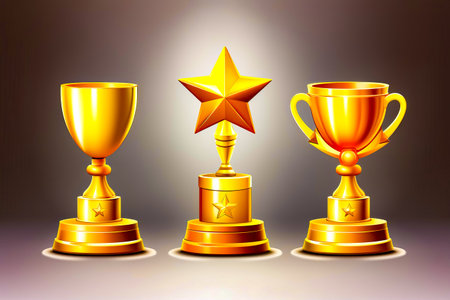Set of three golden trophies with star on top of one of them. Generative AI.の素材