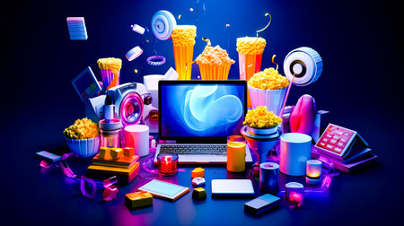 Laptop computer sitting on top of table filled with popcorn and other items. Generative AI.の素材