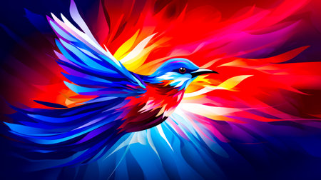 Colorful bird flying through the air with its wings spread out and wings spread out. Generative AI.の素材