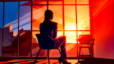Woman sitting in chair looking out window at the sun setting. Generative AI.の素材