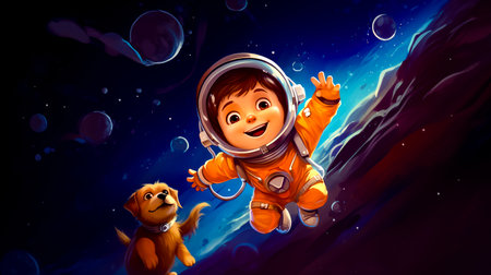 Little boy in orange space suit and dog in front of him. Generative AI.の素材