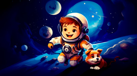 Little boy in astronaut's suit and dog on the moon. Generative AI.の素材