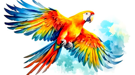 Colorful parrot flying through the air with its wings spread out and it's wings spread. Generative AI.の素材