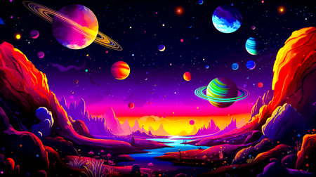 Painting of planets in the sky with mountains and river in the foreground. Generative AI.の素材