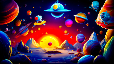 Image of space scene with planets and cat in the sky. Generative AI.の素材