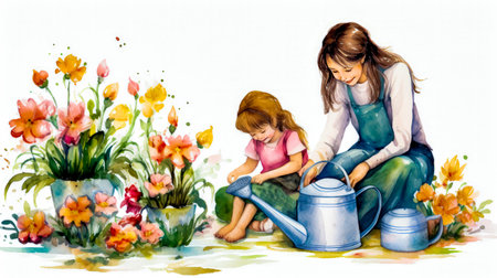 Watercolor painting of mother and her daughter watering the garden together. Generative AI.の素材