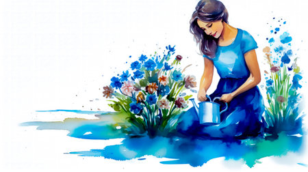 Painting of woman watering flowers with watering can in her hand. Generative AI.の素材