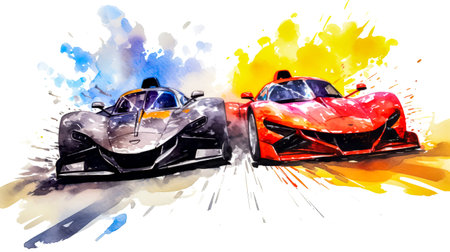 Two sports cars driving side by side on race track in watercolor. Generative AI.の素材