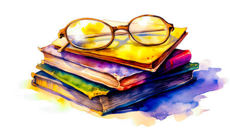 Stack of books with pair of glasses on top of one of them. Generative AI.の素材