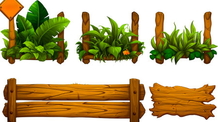 Set of wooden fences with plants and plants growing on them stock photo. Generative AI.の素材