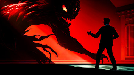 Man standing in front of giant monster with his hands in his pockets. Generative AI.の素材