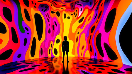 Person standing in front of colorful wall with swirls on it. Generative AI.の素材