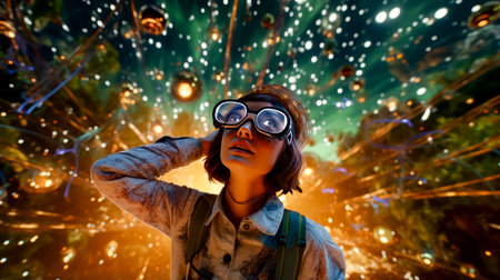 Woman wearing goggles looking up at sky filled with stars and fireworks. Generative AI.の素材