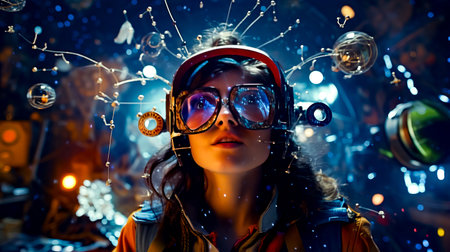 Woman wearing pair of goggles and pair of goggles. Generative AI.の素材