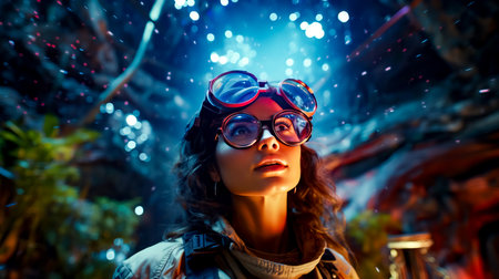 Woman wearing goggles and jacket in front of sky filled with stars. Generative AI.の素材