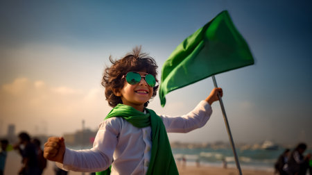 Little girl holding flag on the beach with green scarf around her neck. Generative AI.の素材
