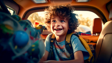 Young boy sitting in the back seat of car with his hair blowing in the wind. Generative AI.の素材