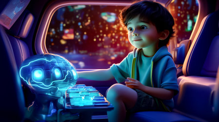 Young boy sitting in the back of car next to keyboard. Generative AI.の素材