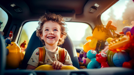 Little boy sitting in the back of car with stuffed animal. Generative AI.の素材