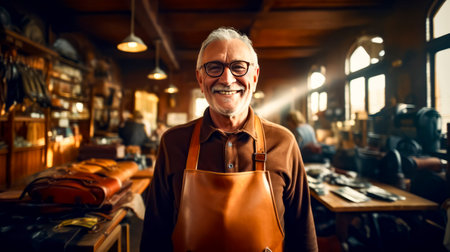 Man with glasses and apron in shop smiling at the camera. Generative AI.の素材