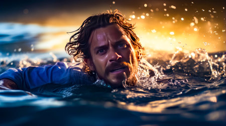 Man is swimming in the water with his head above the water's surface. Generative AI.の素材