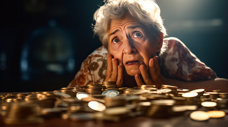 Older woman is looking at a pile of coins with a surprised look on her face. Generative AI.の素材