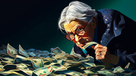 Elderly woman is looking at pile of money with magnifying glass. Generative AI.の素材