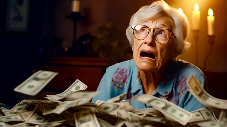 Older woman with glasses is surprised by pile of money in front of her. Generative AI.の素材
