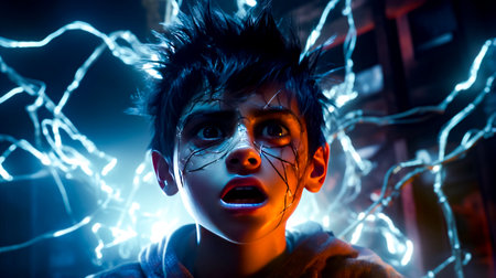Young boy with spiky hair and creepy look on his face. Generative AI.の素材