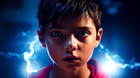 Close up of child in red shirt with light shining on his face. Generative AI.の素材