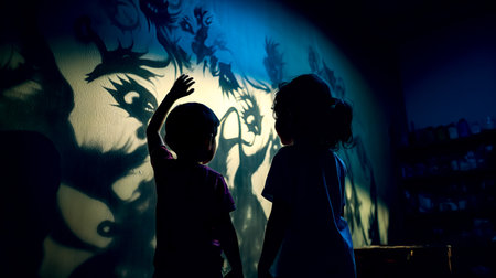 Couple of kids standing next to each other in front of shadow wall. Generative AI.の素材