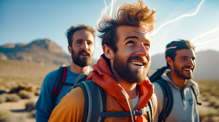 Group of men with backpacks and backpacks walking through the desert. Generative AI.の素材