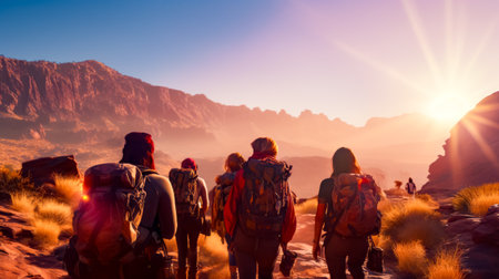 Group of people with backpacks walking on path in the desert. Generative AI.の素材